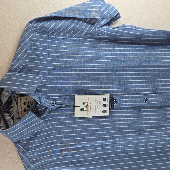 Report Collection Strip Linen Blend Shirt Sm Blue/White 55 linen 45 cotton NWT - Picture 1 of 16